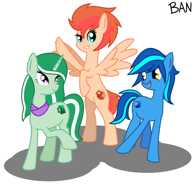 Size: 3177x3037 | Tagged: safe, artist:banquo0, derpibooru import, earth pony, pegasus, pony, unicorn, microsoft office, simple background, transparent background, trio