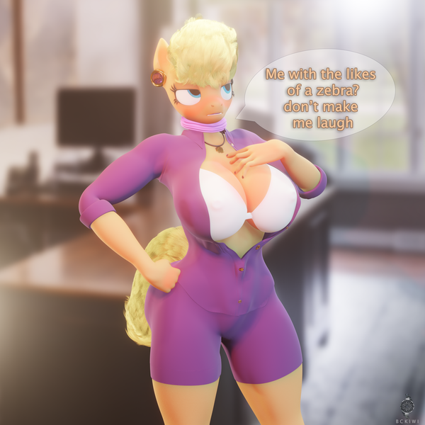 Size: 3840x3840 | Tagged: 3d, anthro, artist:bckiwi, blender, blushing, bra, breasts, busty ms. harshwhinny, clothes, cougar, derpibooru import, dialogue, ear piercing, earring, embarrassed, erect nipples, female, jewelry, looking away, ms. harshwhinny, necklace, nipple outline, not sfm, office, piercing, plantigrade anthro, scarf, shirt, shorts, solo, solo female, suggestive, underwear, white bra, white underwear