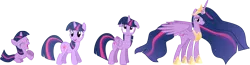 Size: 3000x775 | Tagged: safe, artist:crystalmagic6, artist:mamandil, artist:shadowdark3, artist:shelltoon, derpibooru import, princess twilight 2.0, twilight sparkle, twilight sparkle (alicorn), alicorn, pony, unicorn, princess twilight sparkle (episode), the last problem, .svg available, absurd resolution, age progression, blank flank, crown, cute, cutie mark, ethereal mane, eyes closed, female, filly, filly twilight sparkle, floppy ears, happy, high res, hoof shoes, hoofy-kicks, jewelry, lidded eyes, long neck, looking at you, looking back, looking up, mare, older, older twilight, open mouth, peytral, raised eyebrow, rearing, regalia, simple background, smiling, spread wings, starry mane, tiara, transparent background, twiabetes, unicorn twilight, updated, vector, wings, younger
