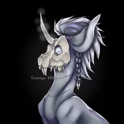 Size: 894x894 | Tagged: safe, artist:ccabaleria, derpibooru import, oc, unofficial characters only, pony, unicorn, black background, braid, bust, glowing horn, horn, request, simple background, skull, skull mask, solo, watermark