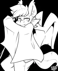 Size: 1641x2000 | Tagged: anthro, artist:bbsartboutique, catbathorse, clothes, derpibooru import, hippogriff, monochrome, oc, oc:bandit, oc:nachtadler, patreon, patreon reward, safe, solo, talons, unofficial characters only, vampire