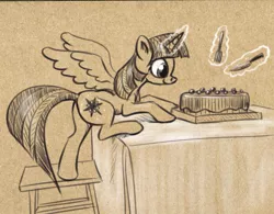 Size: 941x733 | Tagged: safe, artist:el-yeguero, derpibooru import, twilight sparkle, twilight sparkle (alicorn), alicorn, pony, cake, female, food, fork, glowing horn, horn, knife, magic, mare, smiling, solo, telekinesis, traditional art