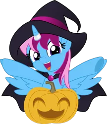 Size: 5000x5777 | Tagged: safe, artist:jhayarr23, derpibooru import, oc, oc:parcly taxel, unofficial characters only, alicorn, pony, absurd resolution, alicorn oc, cape, clothes, commission, female, halloween, hat, holiday, horn, horn ring, jack-o-lantern, looking at you, mare, movie accurate, pumpkin, ring, simple background, smiling, solo, spread wings, transparent background, vector, wings, witch, witch hat