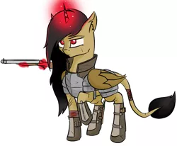 Size: 1231x1013 | Tagged: safe, artist:bluesyblues, artist:hunter992, derpibooru import, oc, oc:noodle, pegasus, pony, unicorn, fallout equestria, glowing horn, gun, horn, mutant, raider, raider armor, shotgun, weapon