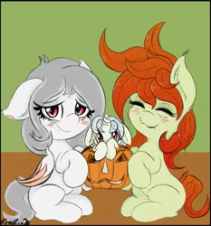 Size: 1451x1554 | Tagged: safe, artist:freefraq, derpibooru import, oc, oc:flower, oc:lai chi, unofficial characters only, bat pony, original species, plant pony, pony, unicorn, blushing, cute, eyes closed, female, halloween, holiday, jack-o-lantern, looking at you, mare, plant, pumpkin