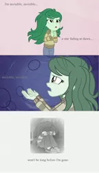 Size: 1922x3345 | Tagged: safe, derpibooru import, edit, edited screencap, screencap, wallflower blush, equestria girls, equestria girls series, forgotten friendship, leak, abstract background, implied suicide, invisible (song), lyrics, sad, song reference, text, text edit