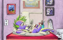 Size: 2048x1309 | Tagged: safe, artist:tillie-tmb, derpibooru import, shining armor, spike, twilight sparkle, twilight velvet, dragon, fanfic:spectrum of lightning, series:daring did tales of an adventurer's companion, bathroom, book, colored pencil drawing, cute, journal, male, mirror, picture frame, reading, sink, spikabetes, story included, toilet, traditional art