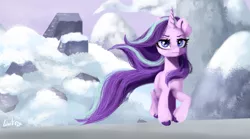 Size: 793x442 | Tagged: safe, artist:livitoza, derpibooru import, starlight glimmer, pony, unicorn, the ending of the end, badass, cool guys don't look at explosions, female, mare, scene interpretation, snow, solo, walking