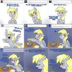 Size: 2254x2254 | Tagged: safe, artist:jitterbugjive, derpibooru import, derpy hooves, pony, lovestruck derpy, ask, banana, batter, blushing, food, solo, tumblr