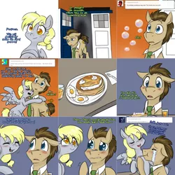 Size: 2254x2254 | Tagged: safe, artist:jitterbugjive, derpibooru import, derpy hooves, doctor whooves, time turner, pony, lovestruck derpy, blushing, bubble blower, crying, doctor who, egg, food, pancakes, tardis, tears of joy