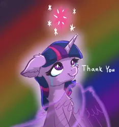 Size: 1537x1639 | Tagged: safe, artist:nighty, derpibooru import, twilight sparkle, twilight sparkle (alicorn), alicorn, pony, unicorn, artificial wings, augmented, chest fluff, crying, cutie mark, ear fluff, end of ponies, female, fluffy, happy birthday mlp:fim, horn, magic, magic wings, mlp fim's ninth anniversary, rainbow background, smiling, solo, tears of joy, unicorn twilight, wings