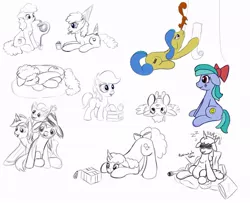 Size: 992x805 | Tagged: safe, artist:redquoz, derpibooru import, oc, unnamed oc, earth pony, pegasus, pony, squirrel, unicorn, :p, bow, colored sketch, group, mane bow, party hats, sketch, sketch dump, sleeping, tail bow, tongue out