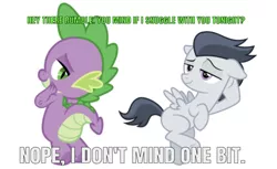 Size: 750x459 | Tagged: safe, artist:lightningbolt, artist:sollace, derpibooru import, edit, editor:undeadponysoldier, rumble, spike, dragon, pegasus, pony, bedroom eyes, colt, everypony's gay for rumble, everypony's gay for spike, gay, implied snuggling, implied snuggling in bed, innuendo, male, rumblespike, sexy, shipping, simple background, stupid sexy rumble, stupid sexy spike, white background