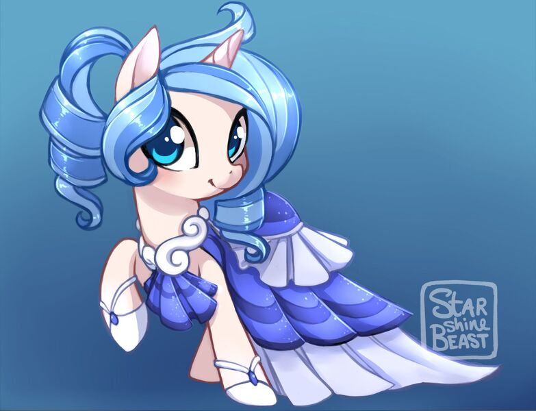 Size: 1600x1226 | Tagged: safe, artist:starshinebeast, derpibooru import, oc, oc:opuscule antiquity, unofficial characters only, pony, unicorn, clothes, dress, female, gala dress, gradient background, looking at you, mare, solo