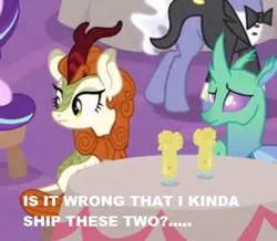 Size: 410x358 | Tagged: safe, derpibooru import, edit, edited screencap, screencap, autumn blaze, earl grey, soupling, starlight glimmer, changedling, changeling, kirin, pony, the last problem, applesauce, autumn soup, chair, coronation, crack shipping, cropped, glass, looking to the left, ponies sitting next to each other, question, shipping, sitting, table, text