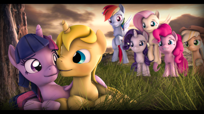 Size: 3840x2160 | Tagged: safe, artist:imafutureguitarhero, derpibooru import, applejack, fluttershy, pinkie pie, rainbow dash, rarity, twilight sparkle, twilight sparkle (alicorn), oc, oc:golden scribe, alicorn, pegasus, pony, unicorn, 3d, 4k resolution, black bars, blushing, canon x oc, chromatic aberration, colored eyebrows, colored eyelashes, commission, female, field, film grain, floating, floppy ears, flying, grass, grin, group, horn, lying down, male, mane six, mare, nose wrinkle, outdoors, revamped ponies, shipping, signature, sky, smiling, source filmmaker, tree, wings