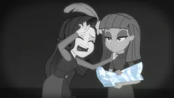 Size: 1920x1080 | Tagged: safe, derpibooru import, screencap, maud pie, rarity, equestria girls, equestria girls series, rarity investigates: the case of the bedazzled boot, bedazzled boot, black and white, drama queen, duo, duo female, feather, female, grayscale, hat, lidded eyes, marshmelodrama, monochrome, noir, open mouth, pillbox hat, rarity being rarity, rarity investigates (eqg): applejack