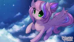 Size: 1920x1101 | Tagged: safe, artist:starshinebeast, derpibooru import, oc, oc:sweet skies, unofficial characters only, pegasus, pony, cloud, female, flying, mare, night, solo, stars