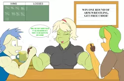 Size: 2524x1648 | Tagged: anthro, arm wrestling, artist:matchstickman, board, breasts, busty granny smith, clothes, derpibooru import, digital art, drunk, eyes closed, female, granny smash, granny smith, male, mare, muscles, safe, shirt, smiling, stallion, younger, young granny smith