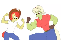 Size: 2524x1648 | Tagged: safe, artist:matchstickman, derpibooru import, bright mac, granny smith, anthro, earth pony, clothes, cowboy hat, digital art, female, flexing, granny smash, hat, male, mare, mother and child, mother and son, muscles, pants, shirt, simple background, smiling, stetson, younger, young granny smith