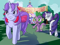 Size: 1600x1200 | Tagged: safe, artist:hakirayleigh, derpibooru import, rarity, sparkler (g1), spike, dragon, pony, unicorn, distracted boyfriend meme, female, g1, g1 to g4, g4, generation leap, happy birthday mlp:fim, male, mare, mlp fim's ninth anniversary, spanish, winged spike