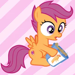Size: 3102x3139 | Tagged: safe, artist:sollace, derpibooru import, scootaloo, pegasus, pony, bucket, bucket of chicken, cannibalism, female, filly, foal, food, meat, open mouth, ponies eating meat, scootachicken, simple background, sitting, solo, vector