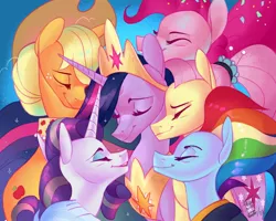 Size: 1024x820 | Tagged: safe, artist:eeviart, derpibooru import, applejack, fluttershy, pinkie pie, princess twilight 2.0, rainbow dash, rarity, twilight sparkle, twilight sparkle (alicorn), alicorn, earth pony, pegasus, pony, unicorn, the last problem, end of ponies, eyes closed, female, mane six, mare, older, older applejack, older fluttershy, older mane six, older pinkie pie, older rainbow dash, older rarity, older twilight