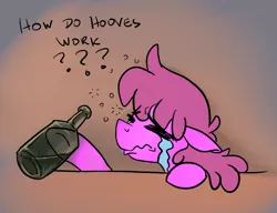 Size: 834x639 | Tagged: safe, artist:lockhe4rt, derpibooru import, berry punch, berryshine, earth pony, pony, alcohol, bottle, crying, dialogue, drunk, drunk bubbles, earth pony problems, female, hoof hold, mare, question mark, simple background, solo