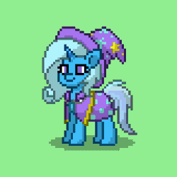 Size: 320x320 | Tagged: safe, artist:ufolronman, derpibooru import, trixie, pony, unicorn, pony town, animated, blinking, cape, clothes, cute, diatrixes, eyes closed, female, gif, green background, hat, heil, mare, pixel art, raised hoof, simple background, smiling, solo, trixie's cape, trixie's hat