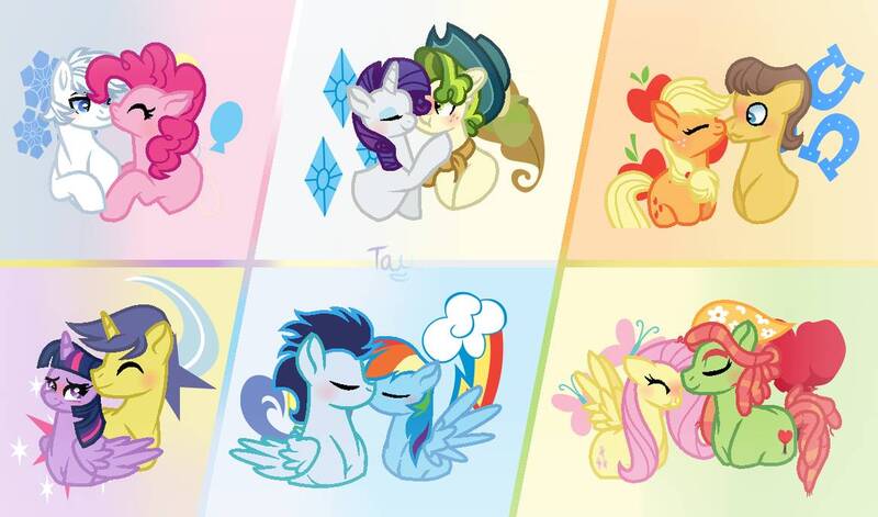 Size: 1165x686 | Tagged: safe, artist:purplepotato04, derpibooru import, applejack, caramel, comet tail, double diamond, fluttershy, pinkie pie, pistachio, rainbow dash, rarity, soarin', tree hugger, twilight sparkle, twilight sparkle (alicorn), alicorn, pegasus, pony, unicorn, blushing, carajack, cometlight, doublepinkie, female, flutterhugger, lesbian, male, raristachio, shipping, soarindash, straight