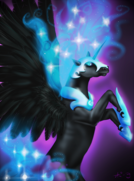 Size: 887x1200 | Tagged: safe, artist:jitterbugjive, derpibooru import, nightmare moon, alicorn, pony, ethereal mane, female, mare, realistic horse legs, rearing, solo, spread wings, starry mane, wings