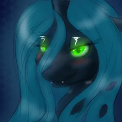 Size: 900x900 | Tagged: artist:jitterbugjive, blushing, bust, changeling, changeling queen, cute, cutealis, cute little fangs, derpibooru import, fangs, female, glowing eyes, lidded eyes, portrait, queen chrysalis, safe, solo