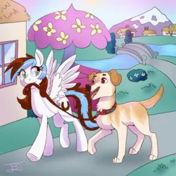 Size: 894x894 | Tagged: safe, artist:jitterbugjive, derpibooru import, oc, unofficial characters only, dog, golden retriever, pegasus, pony, bridge, collar, female, glasses, house, mare, mountain, mouth hold, river, solo, spread wings, stream, tree, walking, wings