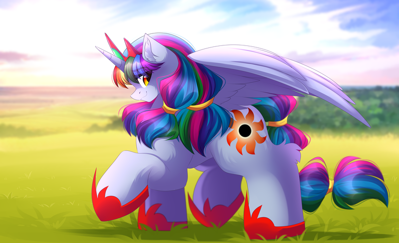 Size: 5555x3383 | Tagged: safe, artist:airiniblock, derpibooru import, oc, unofficial characters only, alicorn, pony, alicorn oc, commission, cutie mark, female, grass, horn, mare, scenery, smiling, solo, wings