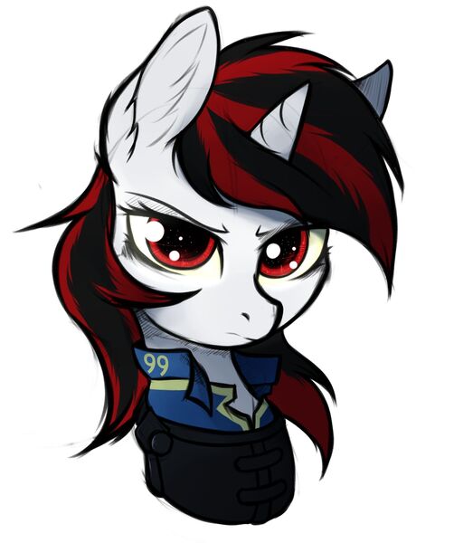 Size: 1600x1914 | Tagged: safe, artist:tatykin, derpibooru import, oc, oc:blackjack, unofficial characters only, pony, unicorn, fallout equestria, fallout equestria: project horizons, bust, ear fluff, fanfic art, looking at you, portrait, simple background, solo, vault security armor, white background