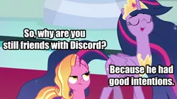 Size: 1280x720 | Tagged: safe, derpibooru import, edit, edited screencap, screencap, discord, luster dawn, princess twilight 2.0, twilight sparkle, twilight sparkle (alicorn), alicorn, pony, unicorn, the ending of the end, the last problem, discord drama, drama, exploitable meme, implied discord, luster dawn is not amused, meme, older, older twilight, twilight 2.0's reminiscences
