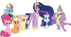 Size: 2690x1387 | Tagged: safe, artist:frownfactory, derpibooru import, applejack, fluttershy, pinkie pie, princess twilight 2.0, rainbow dash, rarity, spike, twilight sparkle, twilight sparkle (alicorn), alicorn, dragon, earth pony, pegasus, pony, unicorn, the last problem, .svg available, alternate hairstyle, cloak, clothes, female, gigachad spike, hat, horn, image, jewelry, male, mane seven, mane six, mare, medal, older, older applejack, older fluttershy, older mane seven, older mane six, older pinkie pie, older rainbow dash, older rarity, older spike, older twilight, older twilight sparkle (alicorn), regalia, simple background, svg, transparent background, vector, wings