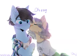 Size: 1690x1229 | Tagged: safe, artist:hakkerman, derpibooru import, oc, oc:tony loser, oc:trickate, earth pony, pony, unicorn, blushing, clothes, eyes closed, female, licking, male, oh my, shirt, size difference, straight, surprised, tonate, tongue out