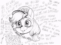 Size: 750x557 | Tagged: ace, ace hardware, applejack, artist needed, black and white, blank eyes, bust, customer service, derpibooru import, grayscale, hat, monochrome, safe, text, traditional art, worker