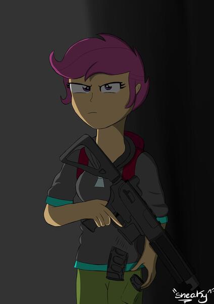 Size: 1024x1449 | Tagged: safe, artist:sneakycsgo, derpibooru import, scootaloo, equestria girls, ar 15, clothes, female, gun, hoodie, school shooting, solo, this will end in death, this will end in tears, this will end in tears and/or death, weapon