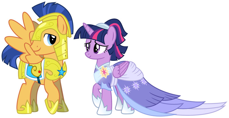 Size: 2045x1062 | Tagged: safe, artist:sonofaskywalker, derpibooru import, edit, flash sentry, twilight sparkle, twilight sparkle (alicorn), alicorn, pegasus, pony, the last problem, armor, clothes, coronation, coronation dress, dress, female, flashlight, friendship, gown, knight, looking at each other, male, princess, royal guard, royal guard armor, second coronation dress, shipping, simple background, straight, white background