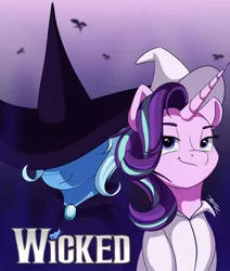 Size: 1024x1210 | Tagged: safe, artist:mindlesssketching, derpibooru import, starlight glimmer, trixie, pony, unicorn, crossover, hat, musical, poster, smiling, smirk, wicked, witch hat