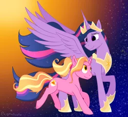 Size: 1200x1100 | Tagged: safe, artist:enigmadoodles, derpibooru import, luster dawn, princess twilight 2.0, twilight sparkle, twilight sparkle (alicorn), alicorn, pony, unicorn, the last problem, duo, female, mare, older, older twilight, spread wings, teacher and student, wings