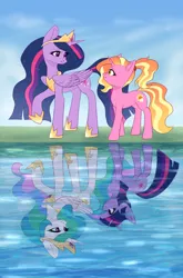 Size: 2900x4400 | Tagged: safe, artist:avrameow, derpibooru import, luster dawn, princess celestia, princess twilight 2.0, twilight sparkle, twilight sparkle (alicorn), alicorn, pony, unicorn, the last problem, altered reflection, comparison, end of ponies, female, full circle, high res, looking at each other, mare, older, older twilight, reflection, teacher and student, unicorn twilight, water