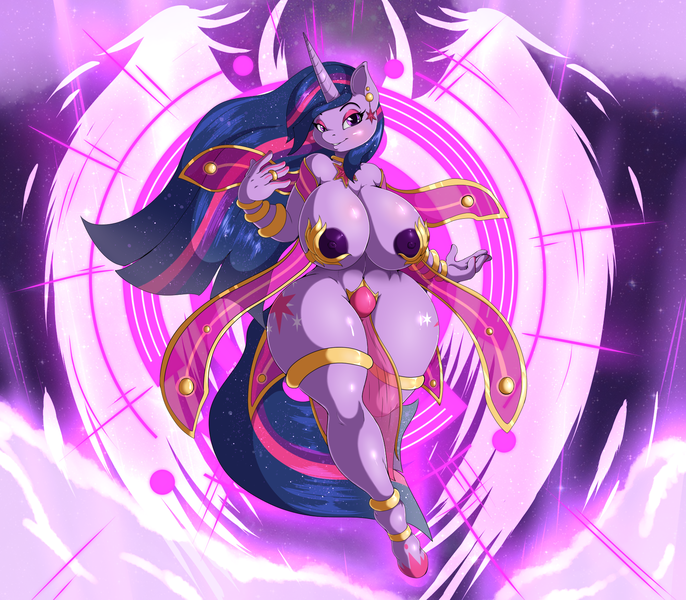 Size: 1680x1470 | Tagged: alicorn, anthro, armor, artist:suirano, big breasts, breasts, busty twilight sparkle, derpibooru import, ear piercing, female, goddess, huge breasts, nipples, nudity, partial nudity, piercing, princess twilight 2.0, questionable, solo, solo female, the last problem, twilight sparkle, twilight sparkle (alicorn), ultimate twilight, unconvincing armor, unguligrade anthro, wide hips