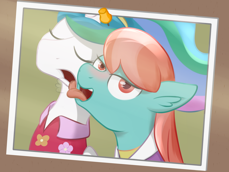 Size: 3000x2250 | Tagged: suggestive, artist:maximussolini, derpibooru import, princess celestia, strawberry ice, alicorn, earth pony, pony, between dark and dawn, background pony, clothes, female, lesbian, licking, looking at you, molestation, personal space invasion, photo, sex, sleep molestation, sleeping, tongue out