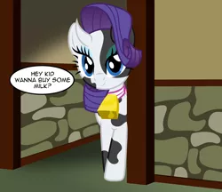 Size: 2178x1880 | Tagged: safe, artist:badumsquish, derpibooru import, rarity, cow, cow pony, original species, pony, alley, back alley, bedroom eyes, bell, bell collar, black market, collar, cowbell, cowified, cute, dialogue, female, flirting, flirty, hey kid you wanna ss?, horns, implied lactation, implied milking, jewelry, leaning, looking at you, mare, mottled coat, necklace, out of context, peeking, raribetes, raricow, show accurate, smiling, smirk, solo, species swap, talking to viewer, wall