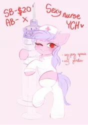 Size: 1876x2667 | Tagged: safe, artist:adostume, derpibooru import, pony, advertisement, auction, clothes, commission, costume, giant syringe, halloween, halloween costume, holiday, nurse, nurse outfit, syringe, your character here