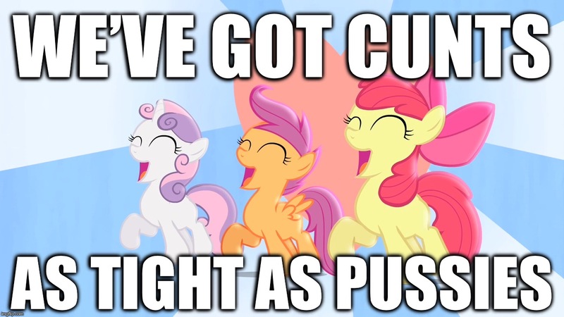 Size: 1280x720 | Tagged: suggestive, derpibooru import, edit, edited screencap, editor:useraccount, screencap, apple bloom, scootaloo, sweetie belle, earth pony, pegasus, pony, unicorn, flight to the finish, caption, cunt, cutie mark crusaders, department of redundancy department, hearts strong as horses, image macro, implied vagina, shaped like itself, singing, song reference, tautology, text, vulgar