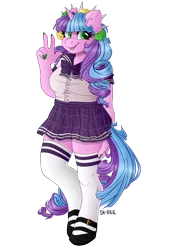 Size: 1024x1449 | Tagged: safe, artist:sk-ree, derpibooru import, oc, oc:ivy lush, unofficial characters only, anthro, pony, unguligrade anthro, unicorn, anthro oc, clothes, female, flower, flower in hair, kneesocks, mare, mary janes, miniskirt, plaid skirt, pleated skirt, school uniform, shoes, simple background, skirt, socks, solo, thigh highs, transparent background, zettai ryouiki